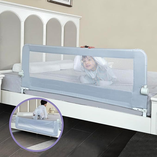 Grelife Foldable Bed Rail for Toddlers, Tall Toddler Bed Rails for Twin, Full, Queen Bed, Baby Bed Rail Guard with Reinforced Metal Frame & Breathable Mesh (1, Gray, 59.0")