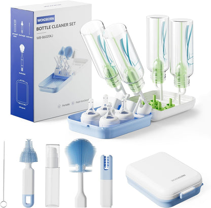 Bottle Brush Set, 9-in-1 Bottle Cleaner Kit, Includes Bent Neck Bottle Brush, Nipple Cleaning Brush, Straw Brush, Soap Dispenser, Pry Tool, Storage Case & Drying Rack, Baby Travel Essentials