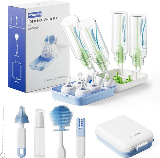 Bottle Brush Set, 9-in-1 Bottle Cleaner Kit, Includes Bent Neck Bottle Brush, Nipple Cleaning Brush, Straw Brush, Soap Dispenser, Pry Tool, Storage Case & Drying Rack, Baby Travel Essentials