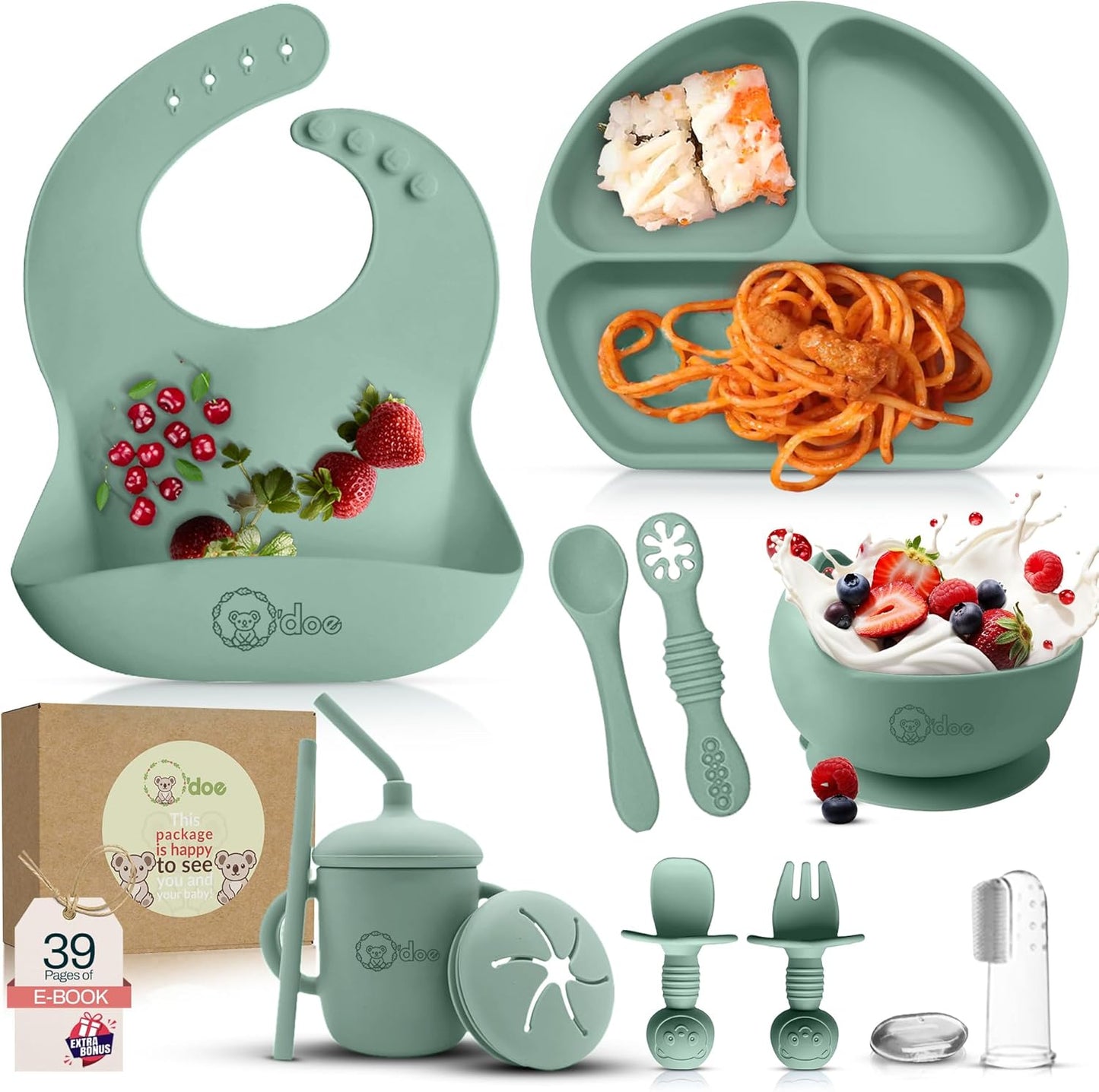 O'doe 17-Piece BPA-Free Silicone Baby Feeding Set | Thick & Soft Suction Plates, Baby Bowls, Wooden Fork & Spoon, and More | Make Mealtime Fun and Easy for Your Little One (Purple, V2)