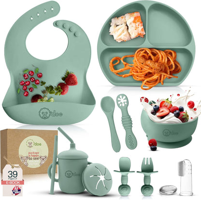 O'doe 17-Piece BPA-Free Silicone Baby Feeding Set | Thick & Soft Suction Plates, Baby Bowls, Wooden Fork & Spoon, and More | Make Mealtime Fun and Easy for Your Little One (Purple, V2)