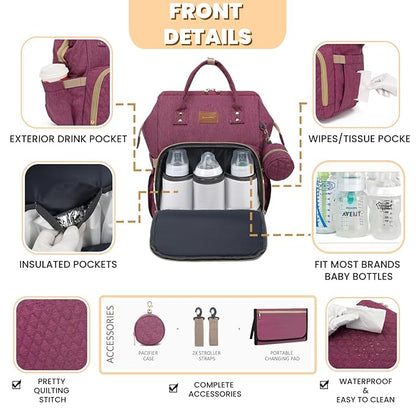 ROSEGIN Diaper Bag Backpack with Changing Pad, Pacifier Case, Baby Bag for Boy Girl Toddler - Large, Stylish, Waterproof Travel Quilted Diaper Bag for Mom - Baby Shower - Purple