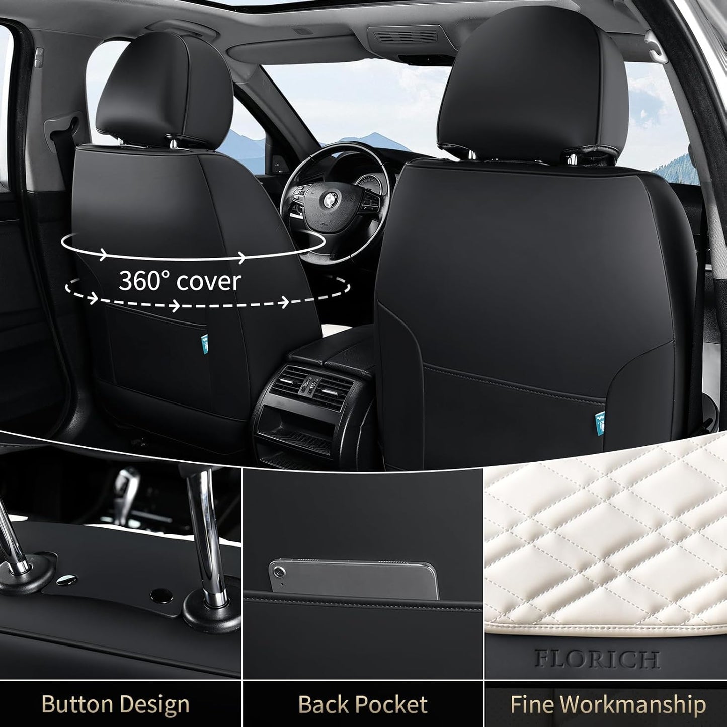 FLORICH Car Seat Covers Full Set, Automotive Seat Covers, Black Car Seat Cover, Waterproof Seat Protectors Universal fit for Car Truck Van SUV - Black