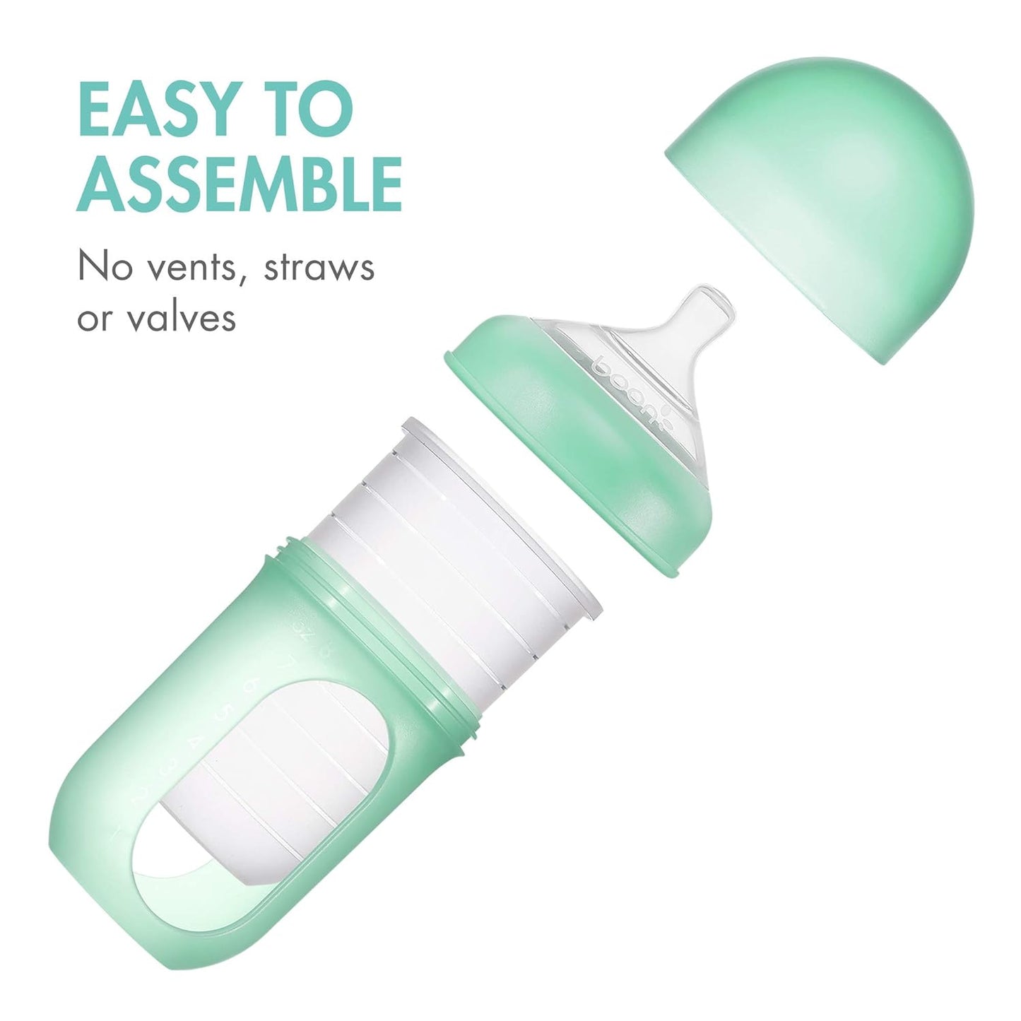 Boon Nursh Reusable Silicone Pouch Baby Bottles - Medium Flow Nipple - Silicone Baby Bottle Pouch and Nipple - Baby Feeding Essentials - Gray - 3-6 Months - 3 Count - 8 Ounce