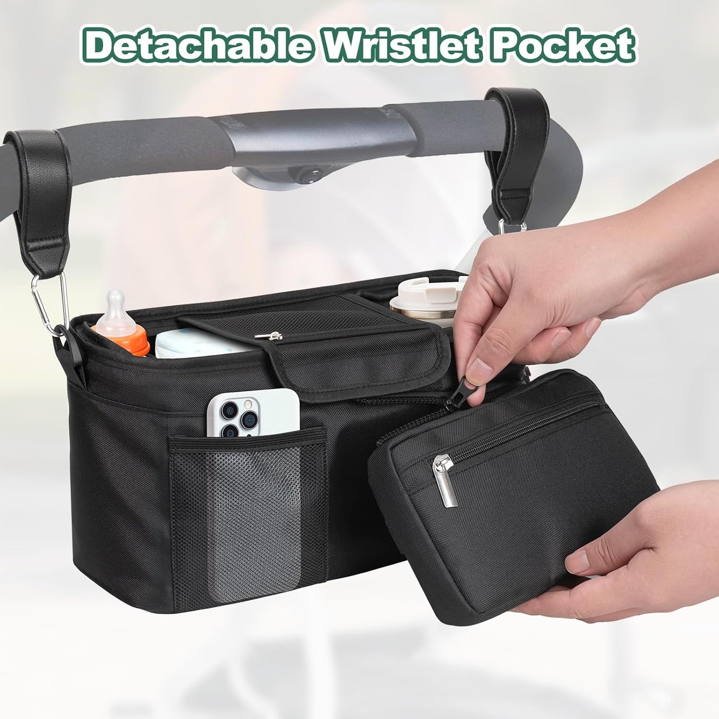 Universal Stroller Organizer Bag, Stroller Caddy with Insulated Cup Holders & Detachable Phone Bag and Shoulder Strap, Stroller Bag for Baby Accessories Fits Most Strollers On Travel, Walks (Black)