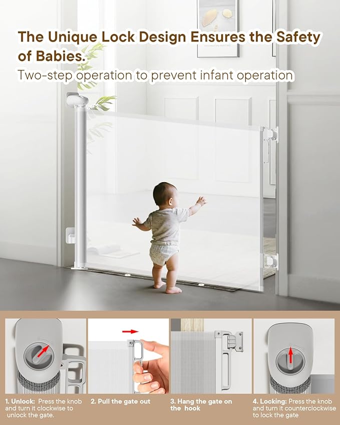 Retractable Dog Gate for Staris - Extends to 71" Wide, 34" Tall Baby Gates for Indoor Outdoor Use, Stair Gate for Hallways, Doorways, Deck, Porch, Need Drilling, White