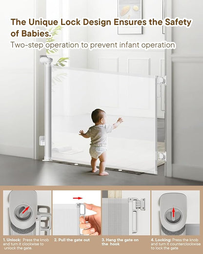 Retractable Dog Gate for Staris - Extends to 71" Wide, 34" Tall Baby Gates for Indoor Outdoor Use, Stair Gate for Hallways, Doorways, Deck, Porch, Need Drilling, White