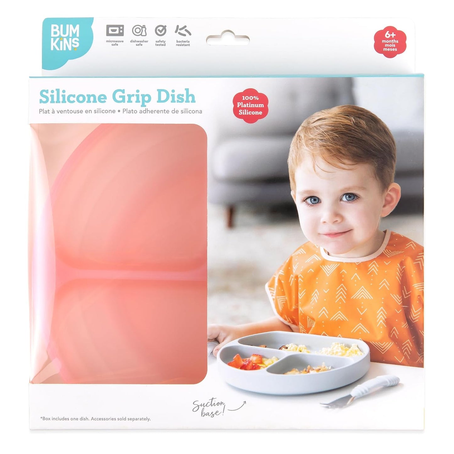 Bumkins Toddler and Baby Suction Plate, Divided Grip Dish for Babies and Kids, Baby Led Weaning, Feeding Supplies, Sticks to Tables and Highchairs, Platinum Silicone, for Chidren 6 Months, Gray