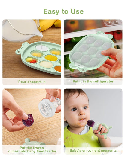 Baby Food Freezer Tray with Lid 2 Pack, Silicone Baby Food Storage Containers, Breastmilk Popsicle Mold, Small Ice Cube Tray for Homemade Baby Food（Blue/Green）