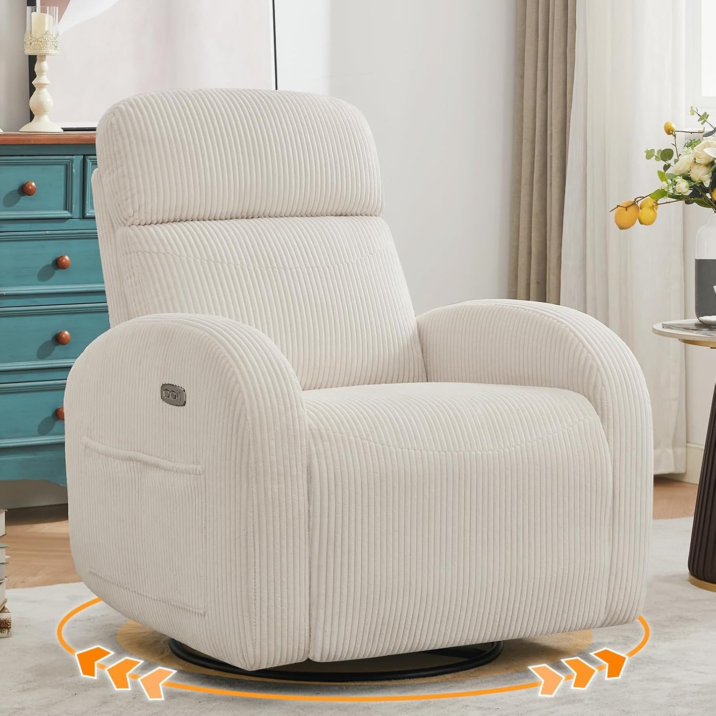Swivel Rocker Recliner Chair, Rocking Recliner for Nursery with Side Pockets, Manual Swivel Reclining Nursery Glider Chair for Breastfeeding Living Room, Camel Chenille