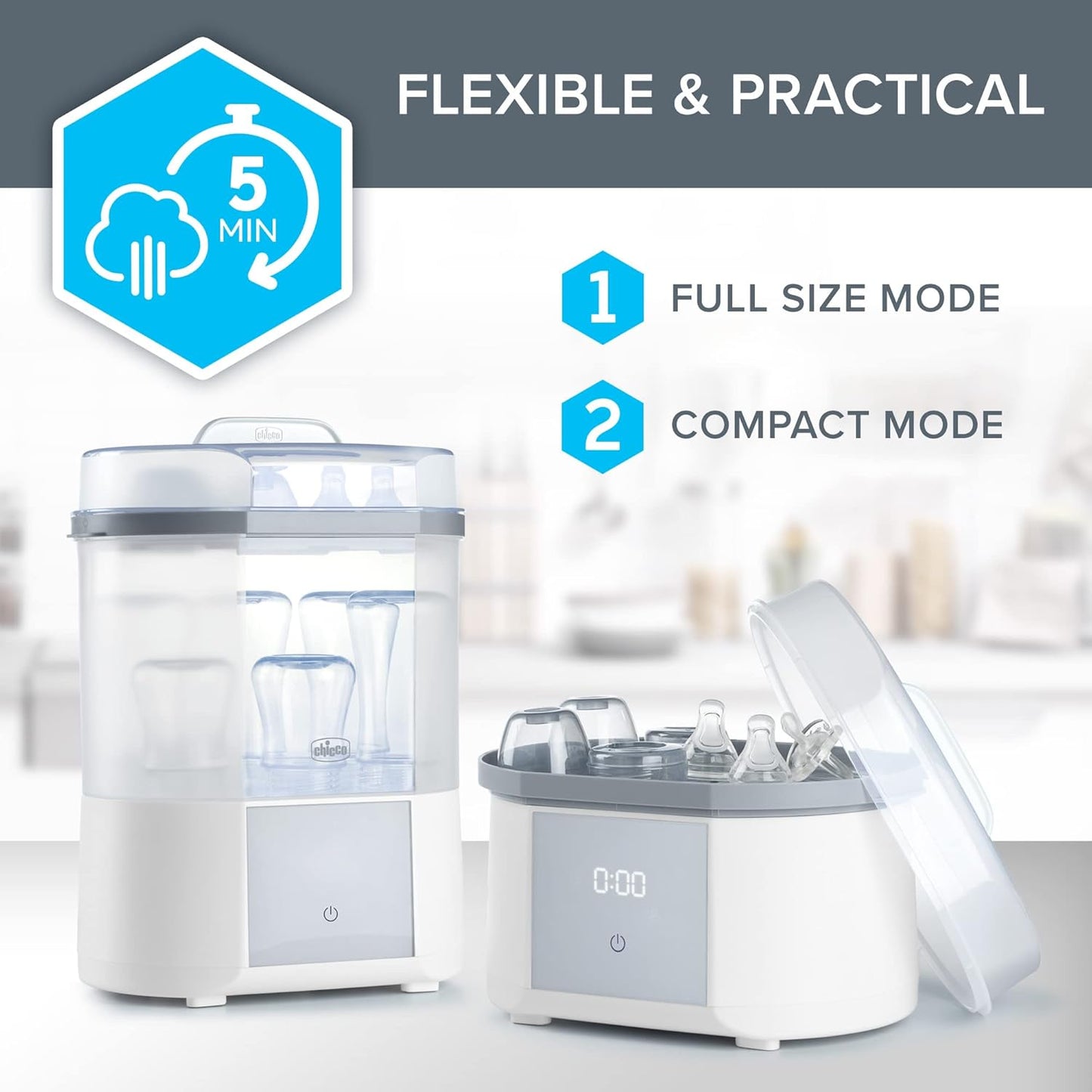Chicco 3-in-1 Modular Electric Steam Sterilizer for Baby Bottles, Feeding Accessories, and More | Eliminates 99.9% of Germs | 3 Configurations | Automatic Shut-Off and Quiet Operation