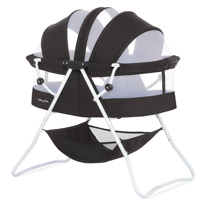 Dream On Me Karley Bassinet, Award Winner Lightweight Travel Baby Bassinet, Foldable Bedside Sleeper, Adjustable Double Canopy, Spacious Design, Soft Fabric, Storage Basket – Blue and Grey