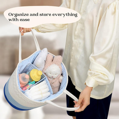 luxury little Diaper Caddy Organizer, Large Cotton Rope Nursery Baby Basket, Changing Table Organizer for Baby Diaper Storage, Portable Car Organizer Removable Divider (Off White, Large)