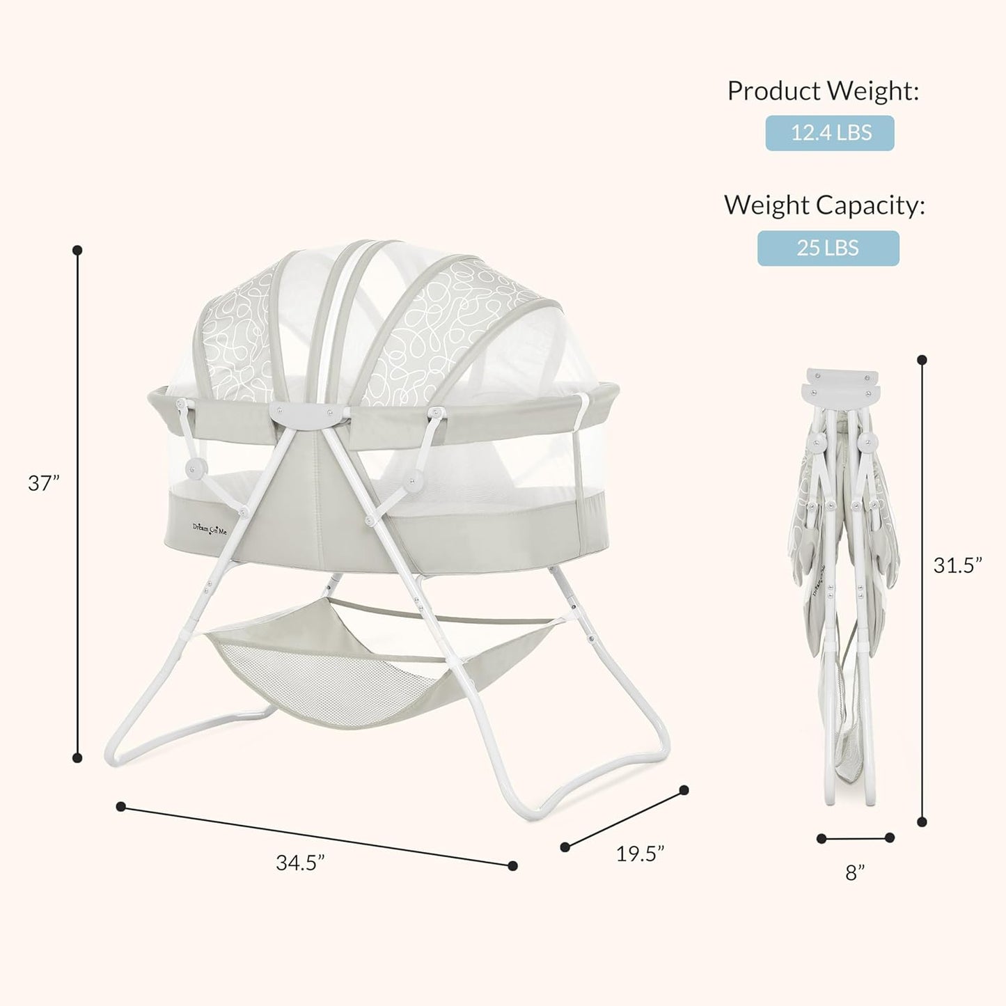 Dream On Me Karley Bassinet, Award Winner Lightweight Travel Baby Bassinet, Foldable Bedside Sleeper, Adjustable Double Canopy, Spacious Design, Soft Fabric, Storage Basket – Blue and Grey