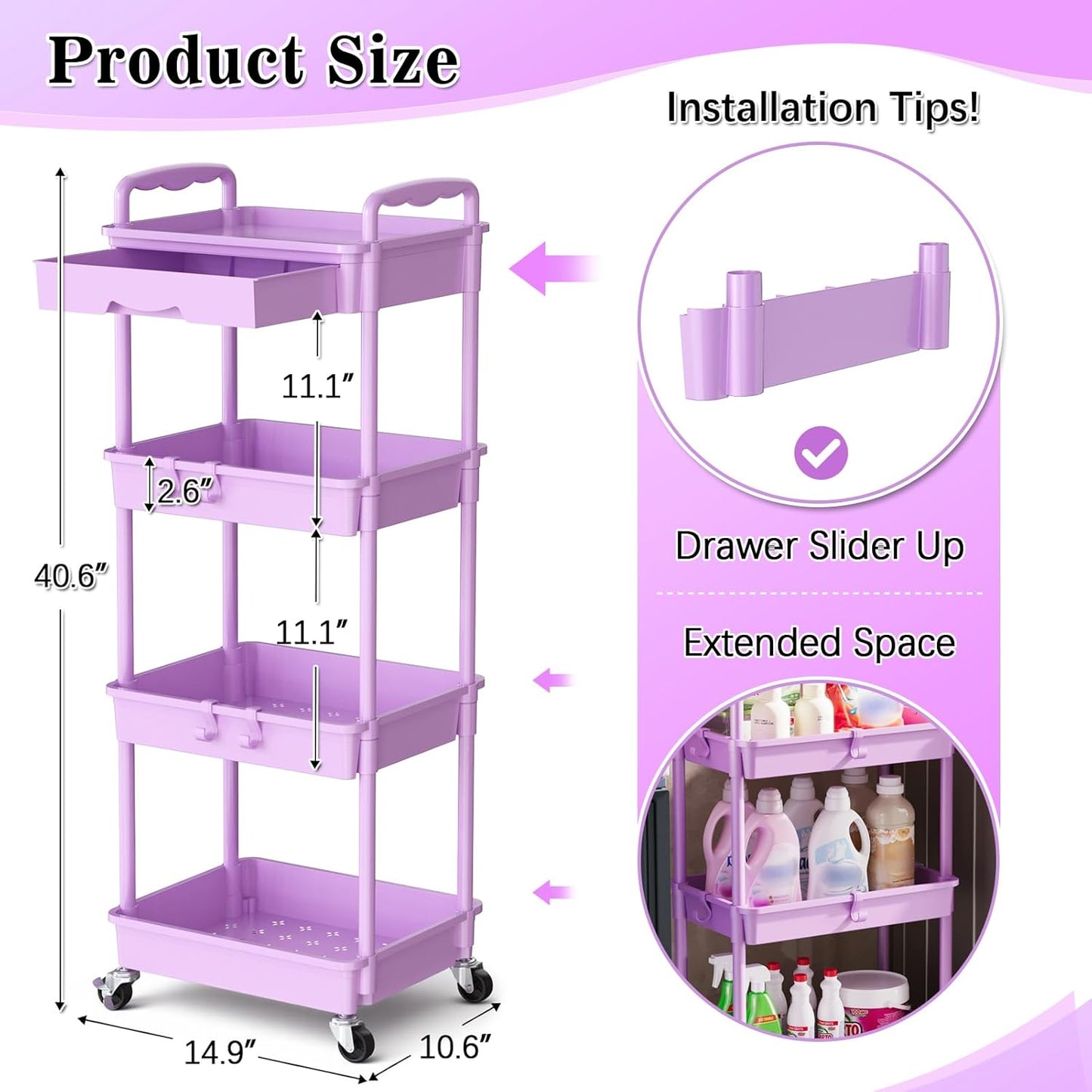 SUNALLY 3 Tier Rolling Cart with Drawer, Bathroom Storage Organizer with 2 Lockable Wheels, Multifunctional Rolling Storage Cart for Bathroom, Kitchen, Office, Craft, Makeup, Baby Essentials, White