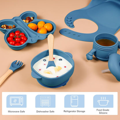 Silicone Baby Feeding Set, Baby Led Weaning Supplies, Baby Food Tableware Silicone Suction Plate, Bowl, Spoons, Fork, Waterproof Bib, Cup & Complementary Food Cake Mold, Baby Eating Utensils