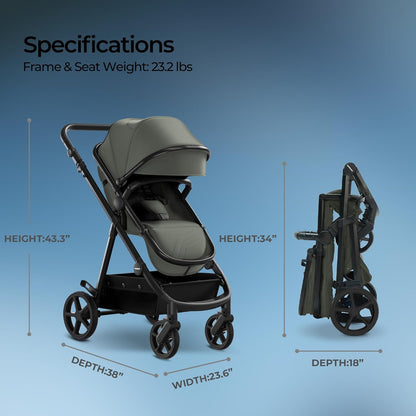 Mompush Meteor2 Baby Stroller 2-in-1 with Newborn Mode, Compatible with Infant Car Seat Adapter Included, Full-Size Bassinet Strollers for Family Outings
