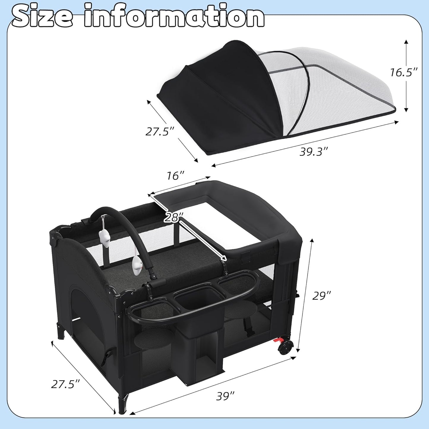 5-in-1 Baby Bassinet Bedside Sleeper with Swing Tube Converts to Cradle, Baby Crib with Mattress, Detachable Diaper Changer, Mosquito Net and Toy - Black