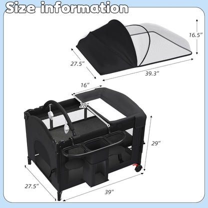 5-in-1 Baby Bassinet Bedside Sleeper with Swing Tube Converts to Cradle, Baby Crib with Mattress, Detachable Diaper Changer, Mosquito Net and Toy - Black