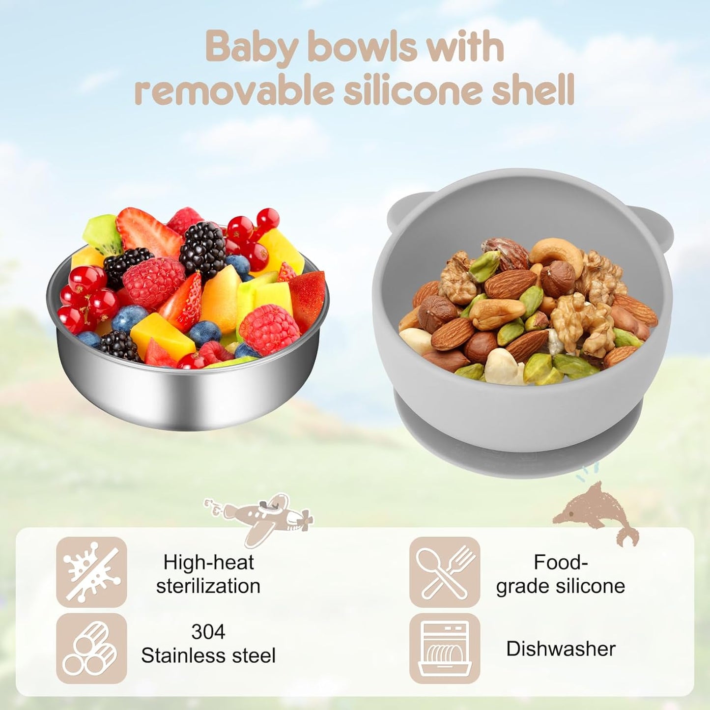 2 Pack Stainless Steel Baby Bowls with Suction, Toddler Bowls with Removable Silicone Shell for Kids, Non-Slip Toddler Baby Feeding Set Dishwasher Safe-Gray & Blue