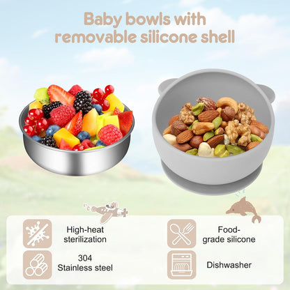 2 Pack Stainless Steel Baby Bowls with Suction, Toddler Bowls with Removable Silicone Shell for Kids, Non-Slip Toddler Baby Feeding Set Dishwasher Safe-Gray & Blue