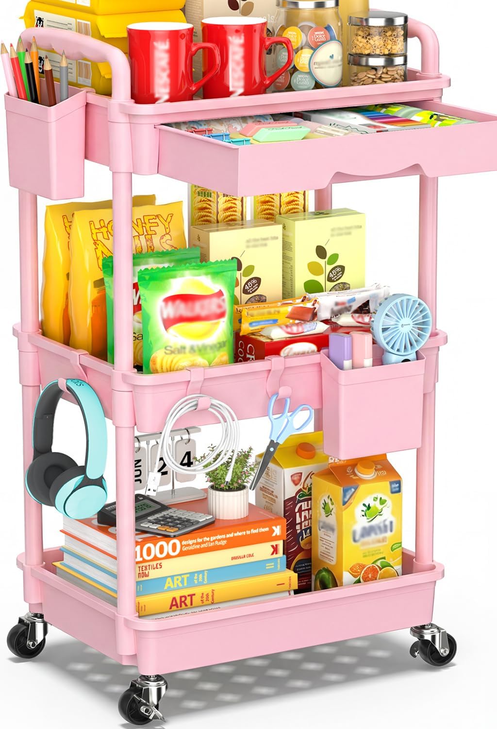 SUNALLY 3 Tier Rolling Cart with Drawer, Bathroom Storage Organizer with 2 Lockable Wheels, Multifunctional Rolling Storage Cart for Bathroom, Kitchen, Office, Craft, Makeup, Baby Essentials, White
