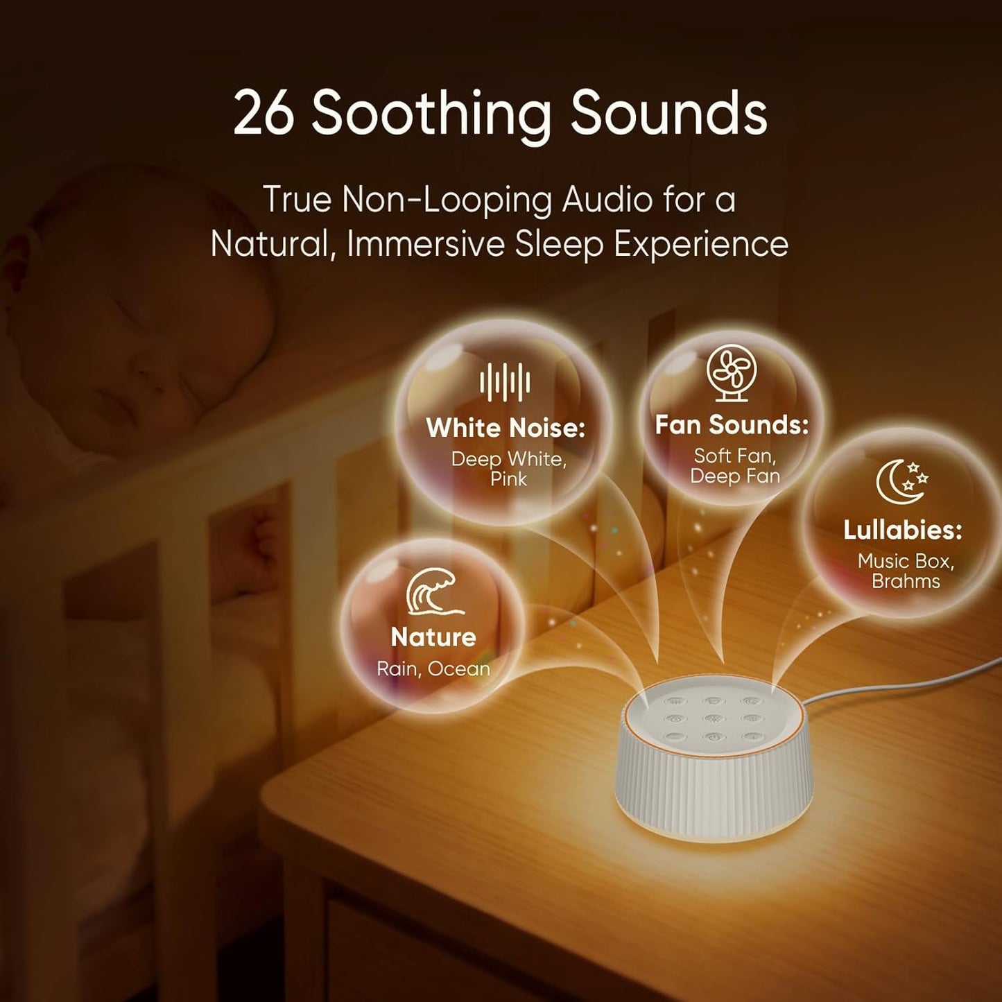 Noise Machine, White Noise Sound Machine for Baby & Adults, 26 Soothing Sounds, 8 Night Light Colors, Tap Control, 6 Timer Settings, Auto-Off & Memory, 4-7-8 Breathing, Sleep Soother for Home