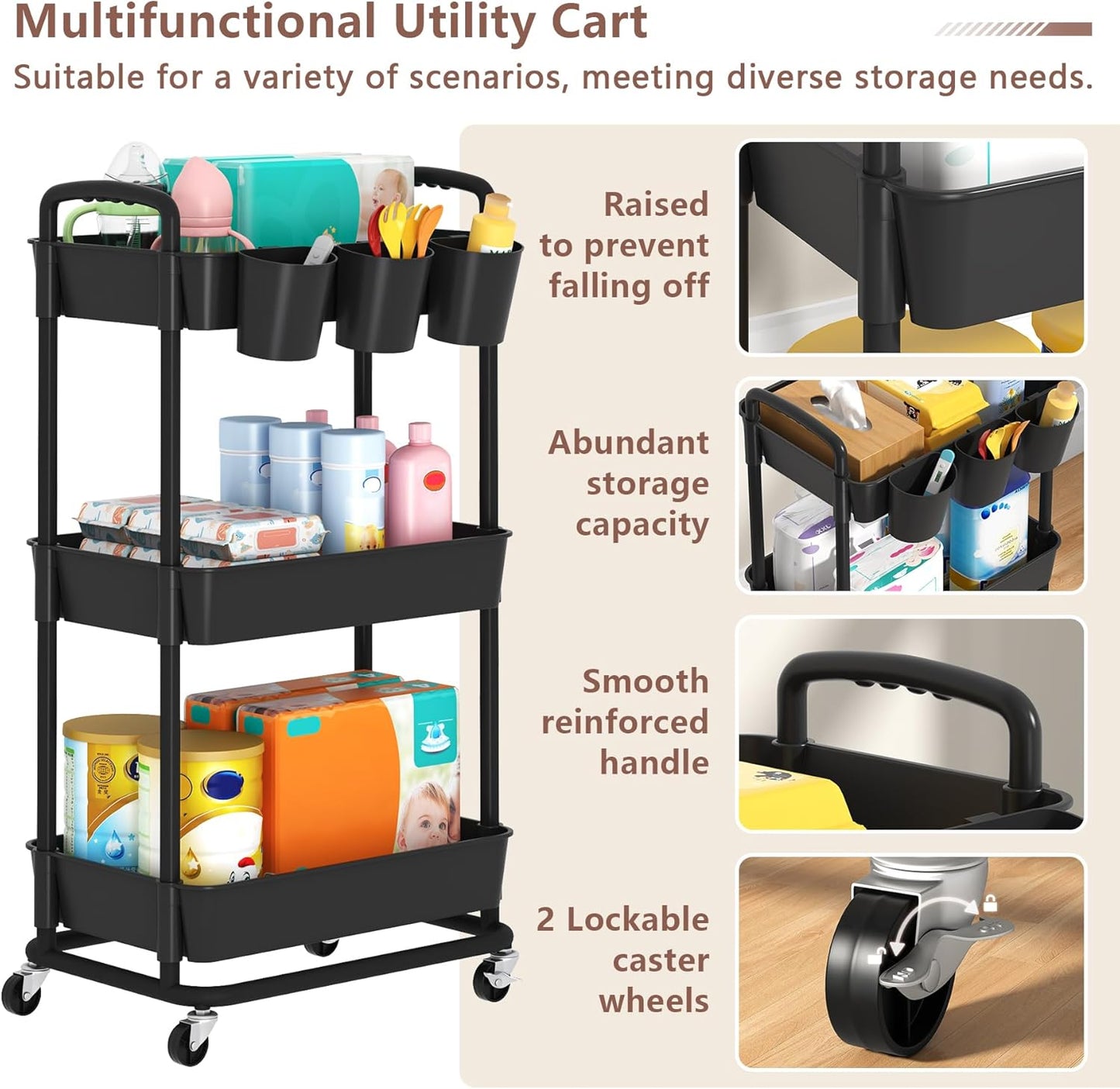 3-Tier Baby Diaper Caddy Organizer Cart with Locking Wheels & Hanging Cups - Rolling Storage Cart for Nursery, Changing Table, Baby Essentials,White
