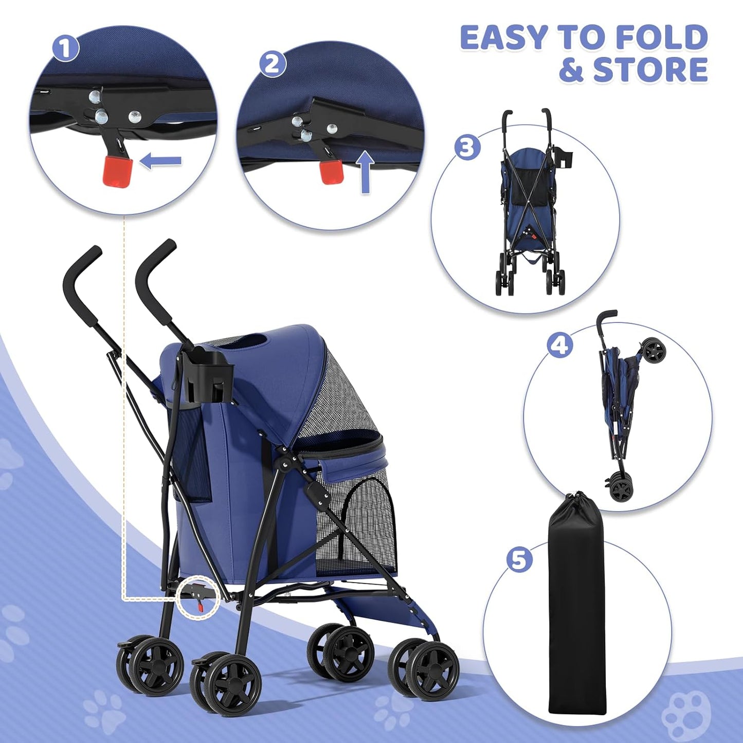 Magshion Compact Pet Stroller for Small-Medium Dogs/Cats up to 22lbs, 4-Wheel Lightweight Umbrella Shaped Portable Puppy Travel Jogger with Breathable Mesh, Cup Holder & Rear Storage, Black