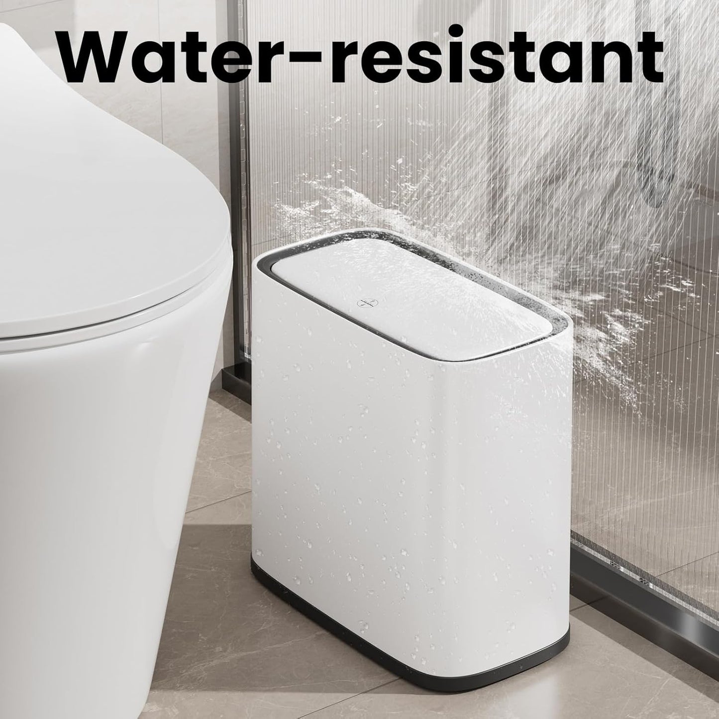 Small Bathroom Trash Can with Lid, 8L / 2.1 Gallon Narrow Garbage Bin with Wheels, Air-Press Bag Expander & Inner Bucket, Press Top Wastebasket for Bedroom, Office, Toilet, Odor Sealing Diaper Pail