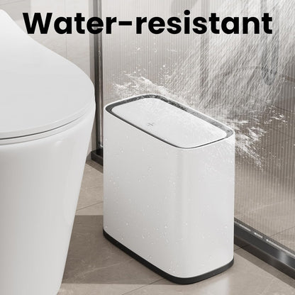 Small Bathroom Trash Can with Lid, 8L / 2.1 Gallon Narrow Garbage Bin with Wheels, Air-Press Bag Expander & Inner Bucket, Press Top Wastebasket for Bedroom, Office, Toilet, Odor Sealing Diaper Pail