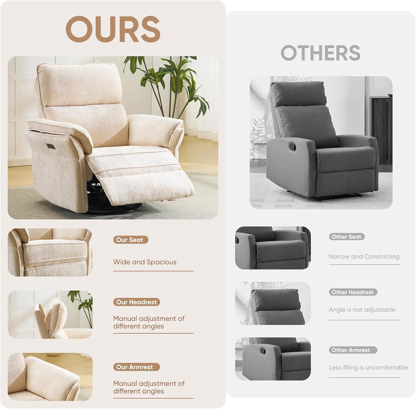 Oversized Glider Rocker Recliner, 26" Extra Wide 360° Swivel Nursery Recliner with Adjustable Headrest, Chenille Rocking Nursery Chair with Overstuffed Armrest, Lumbar Support, Light Grey