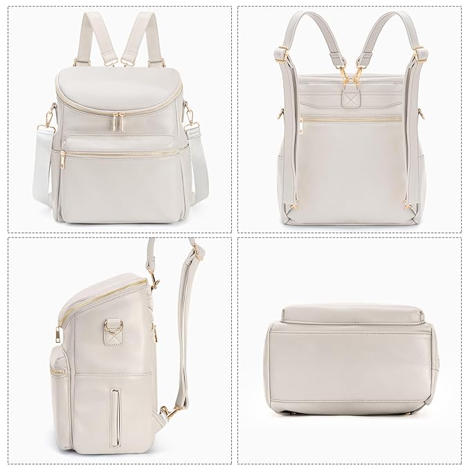 Minsong Diaper Bag Backpack, Fashion Leather Mommy Backpacks, Travel Baby Diaper Bags with in Bag Organizer and Changing Pad (Pearl White)