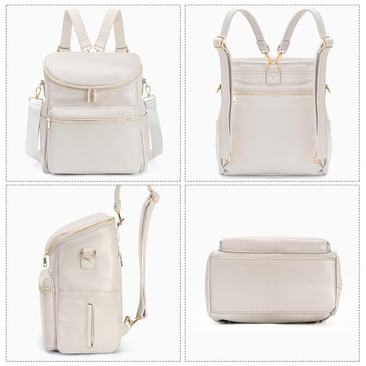 Minsong Diaper Bag Backpack, Fashion Leather Mommy Backpacks, Travel Baby Diaper Bags with in Bag Organizer and Changing Pad (Pearl White)
