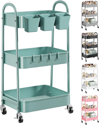 3 Tier Heavy Duty White Metal Rolling Cart with Lockable Wheels, Three Tier Roller Book Snack Cart, Utility Storage Organizer Carts for Kitchen, Bathroom, Garage, Baby Diaper, Craft, Art, Teacher
