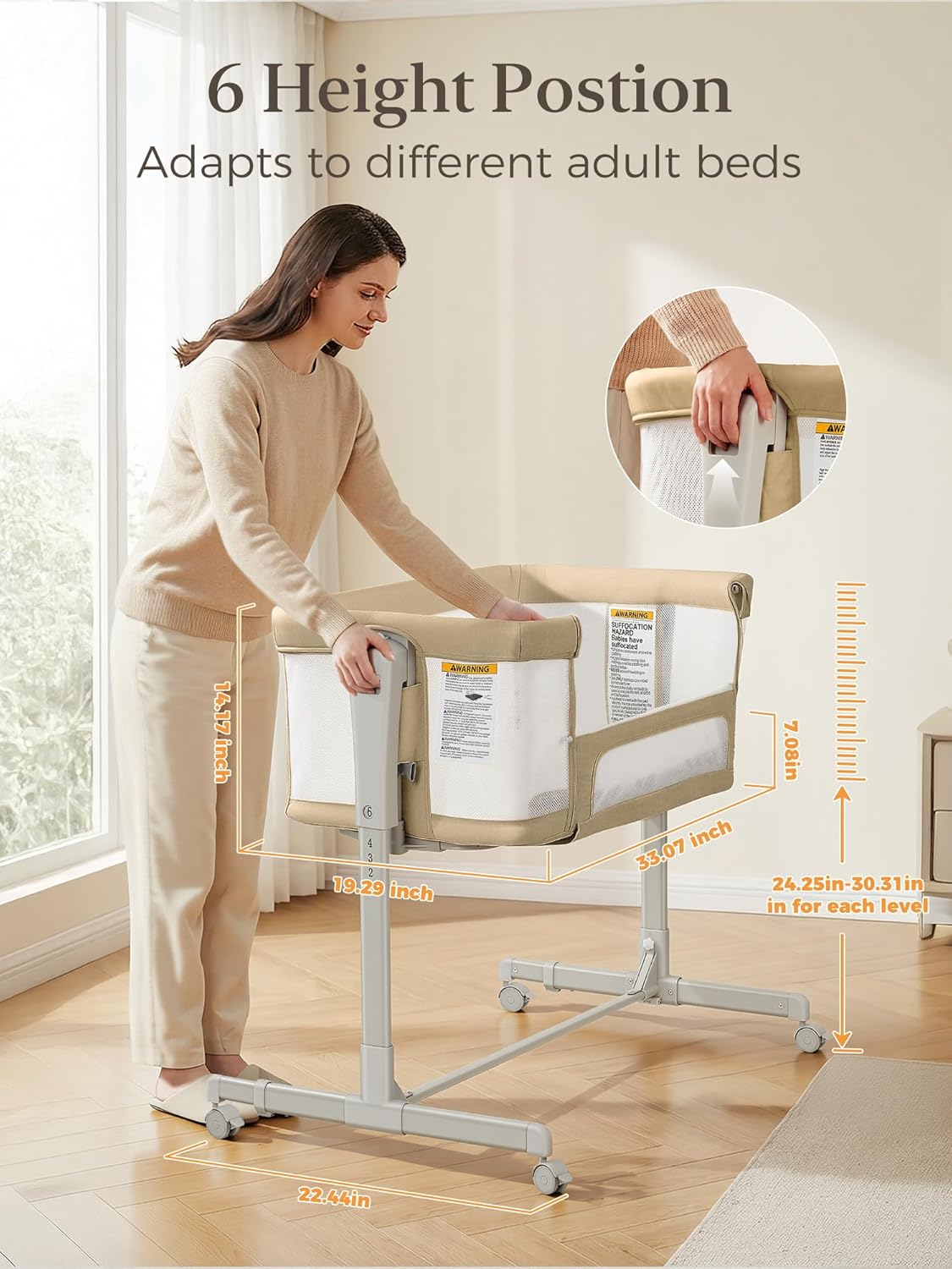 ONTHEWEI Baby Bassinet Bedside Sleeper 3-in-1, Easy Night Feeding with One-Side Fold & Rolling Wheels, Breathable Mesh, 6-Height Adjustable, Soft Mattress for Newborns