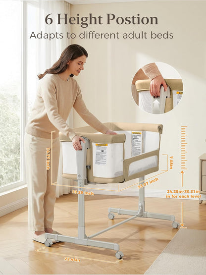 ONTHEWEI Baby Bassinet Bedside Sleeper 3-in-1, Easy Night Feeding with One-Side Fold & Rolling Wheels, Breathable Mesh, 6-Height Adjustable, Soft Mattress for Newborns