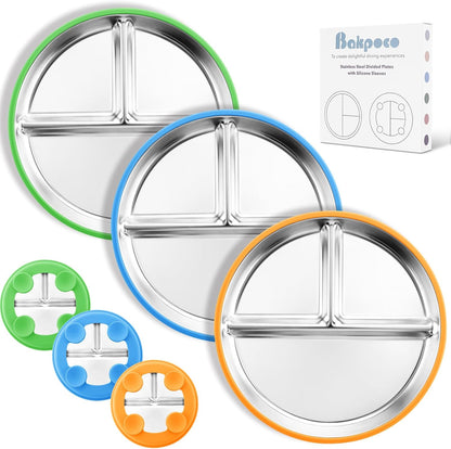 Bakpoco Stainless Steel Toddler Plate with Suction, 9” Divided Plates with Removable Silicone Sleeves for Kids, Non Toxic & BPA Free | Non Slip | Unbreakable Baby Snack Dishes Set of 2, Blue & Gray