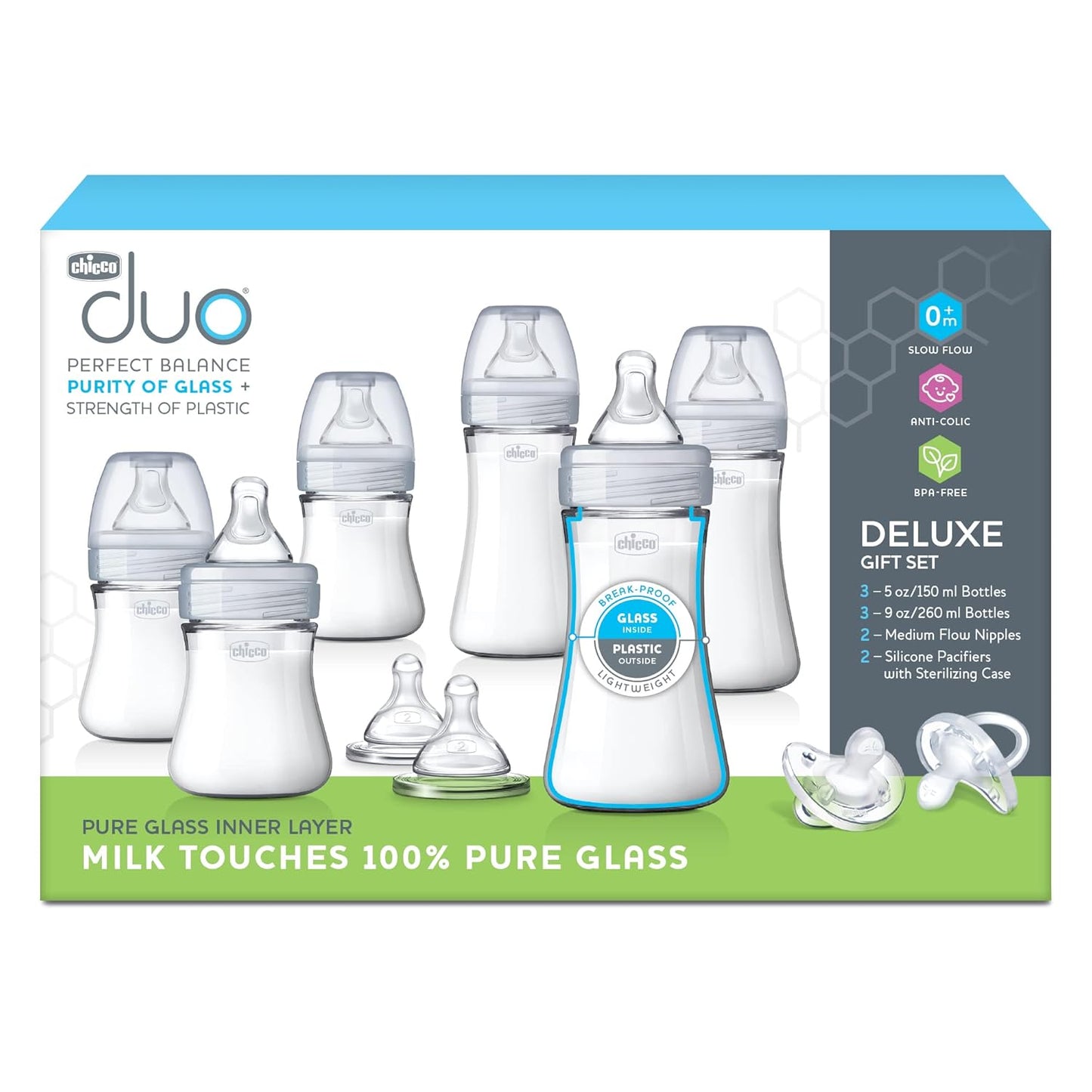 Chicco Duo 9oz Hybrid Baby Bottle, Real Glass Inside, Lightweight Plastic Outside, Patented Invinci-Glass Technology, Intui-Latch Nipple, 2-Pack, Clear/Pink