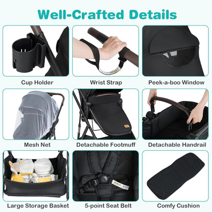 BABY JOY 2 in 1 Baby Stroller, High Landscape Convertible Bassinet Stroller with Reversible Seat, Net, Adjustable Canopy, Cup Holder, Foldable Pushchair Pram Stroller for Newborn Toddlers (Gray)