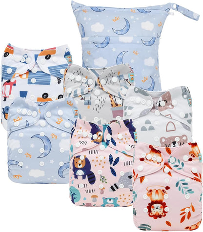 ALVABABY 6pcs Cloth Diaper Covers &1 Wet Dry Bag, Washable Reusable Cloth Nappy Shell for Prefold with Multi-Functional Bag, Flat or Fitted Diaper Inserts 6NKZ06
