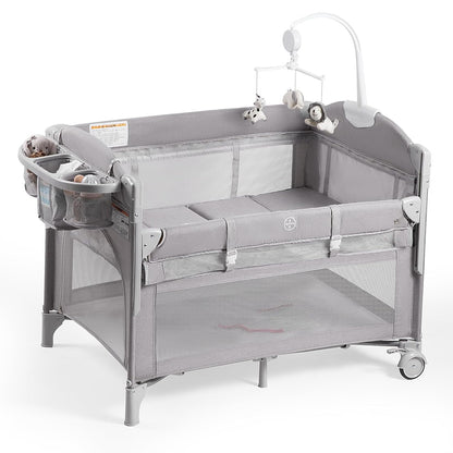 Rinnebbit Baby Bassinets Bedside Sleeper, 4 in 1 Portable Bedside Crib w/Mattress, Diaper Changer, Storage Basket, Music Box, Carry Bag, Foldable Playard Sleeper for Newborn (Light Gray)