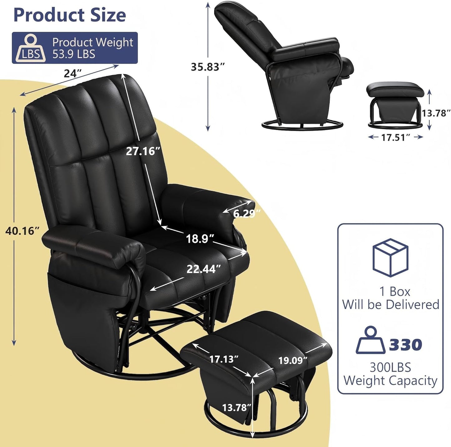 AODAILIHB 360° Swivel Glider Recliner with Ottoman, Nursing Glider Rocking Chair with Foot Rest & 2 Side Pockets for Nursery, Living Room, Bedroom, Office, White