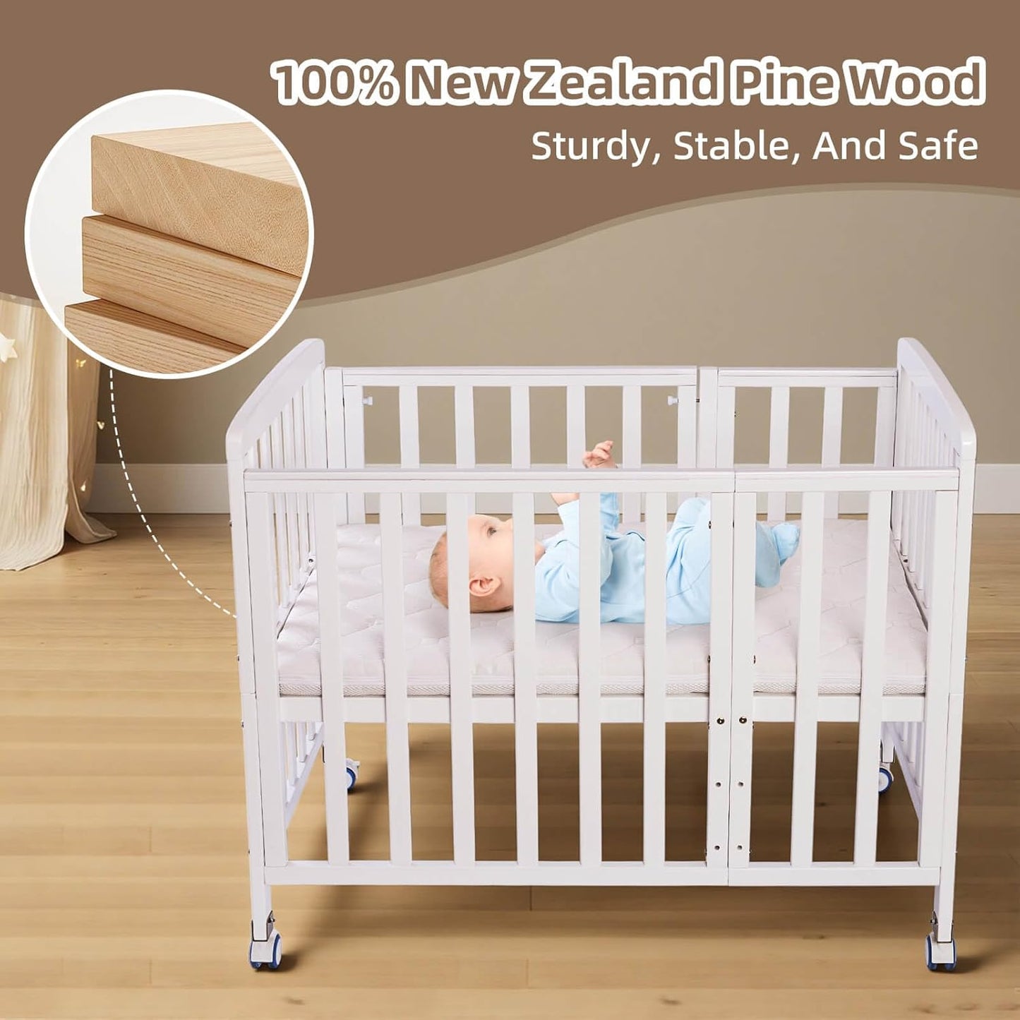 Flwrgirl Baby Bassinets Bedside Sleeper - Portable Pine Wood Bedside Bassinet with Mattress,3 Heights Small Mini Crib,Baby Crib for Newborns,Unpainted | Pine Wood Bassinet, Mattress Included, 3-IN-1 Convertible, Adjustable Height, Locking Wheels, Portalbe