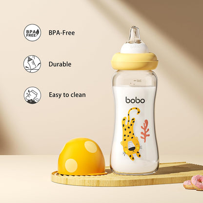 YOHKOH Natural Glass Baby Bottle with Level 1 Slow Flow Nipple, Newborn Anti-Colic Baby Bottles, Wide Neck Mushroom Baby Glass Bottle (Multicolour-A, 3.4oz (Pack of 4))