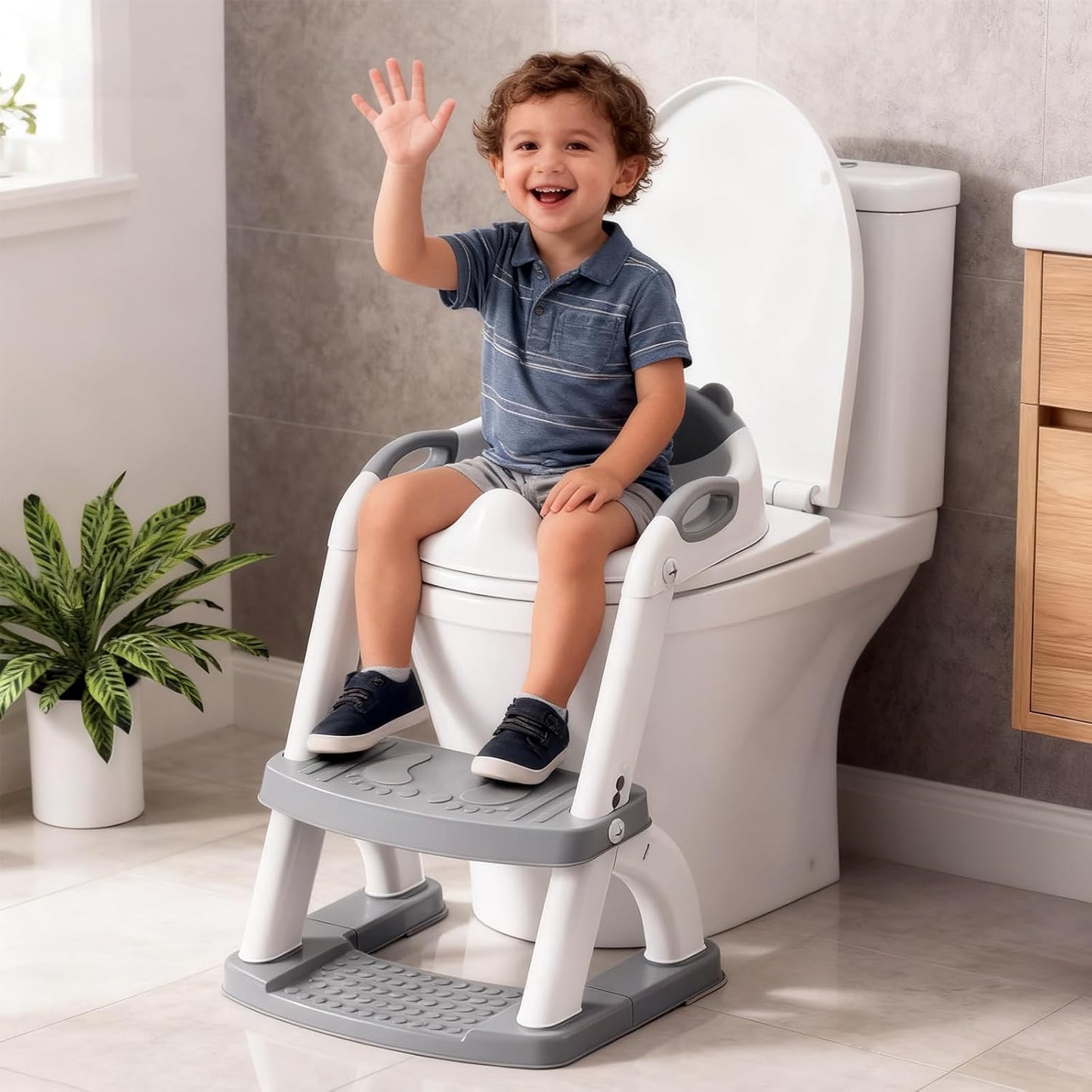 Potty Training Seat, SKYROKU Upgrade Toddler Toilet Seat for Kids Boys Girls, 2 in 1 Potty Training Toilet, Splash Guard Anti-Slip Pad Step Stool,New Sector-Shape Stabilized Base (8899+Grey)