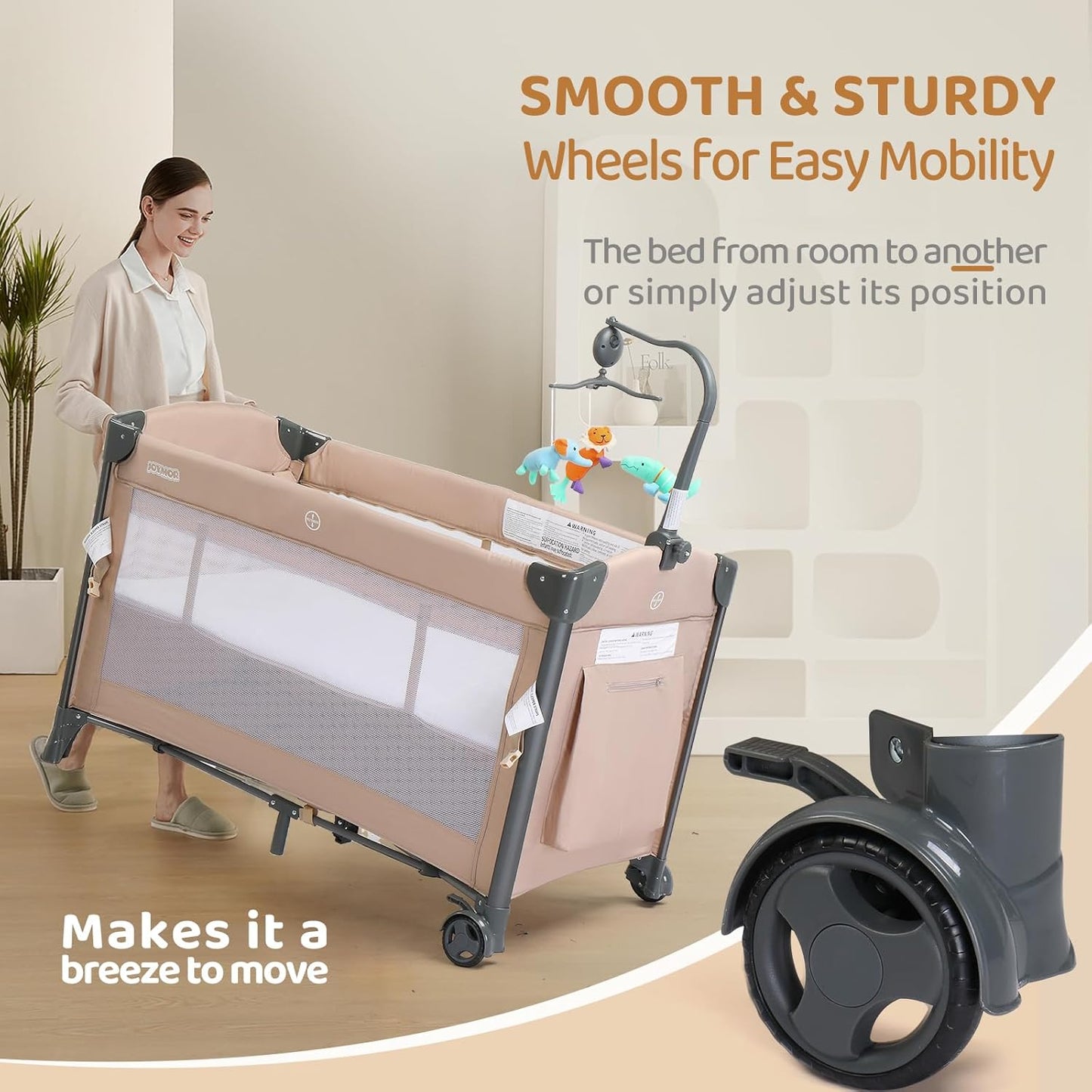 JOYMOR Baby Bedside Bassinet, Baby Bassinet, Pack n Play Convert Playpen, Quick Foldable Travel Bed with Wheels & Brake, Carry Bag for Boys Girls (Gray)