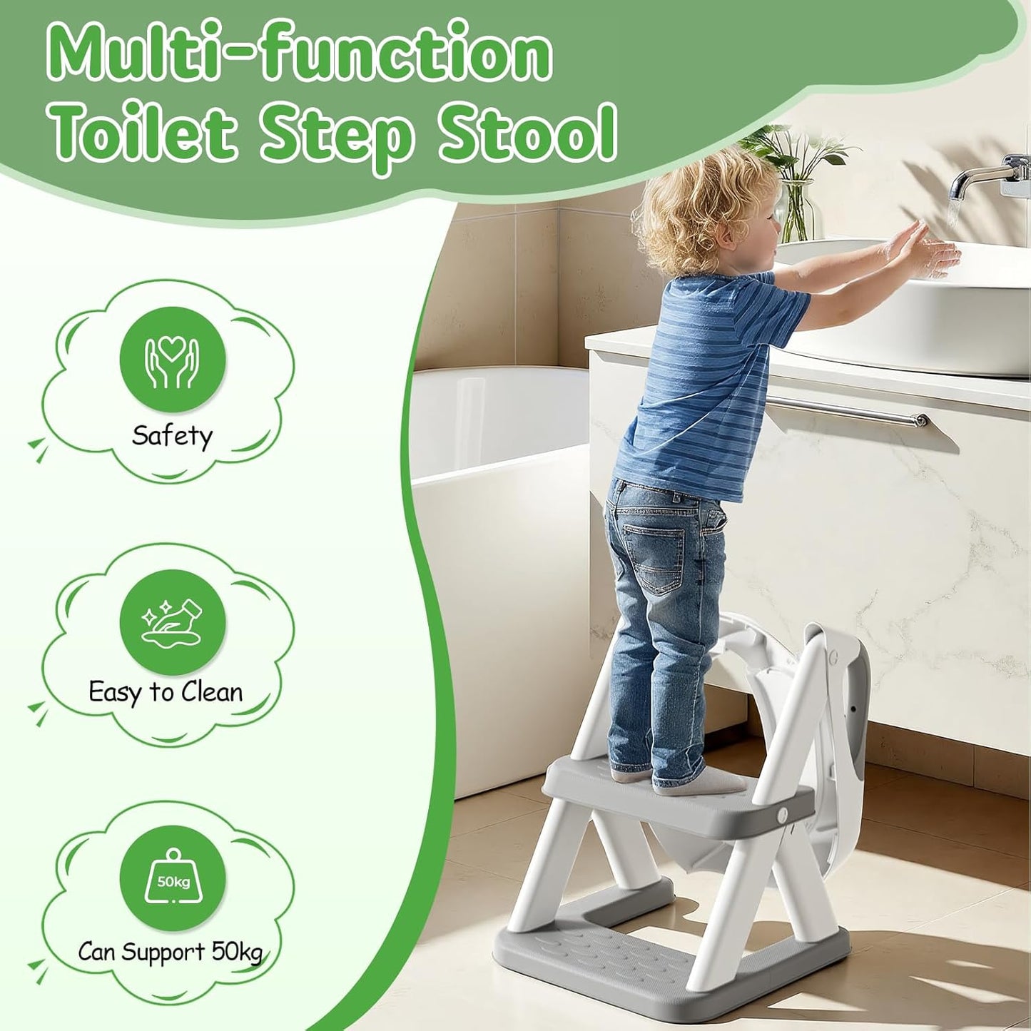 Potty Training Toilet Seat with Steps, 2-in-1 Toddler Toilet Seat for Boys Girls with Splash Guard Soft Anti-Slip Pad,Grey