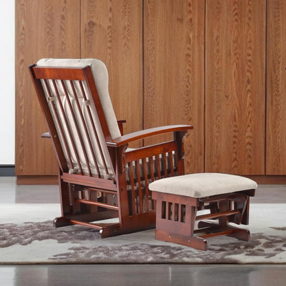 Glider Rocking Chair with Ottoman Set, Solid Wood Nursery Glider Rocker with Padded Cushion, High Back Upholstered Swivel Glider for Living Room, Nursing, Reading, 280LBS Weight Capacity,Oak+Khaki