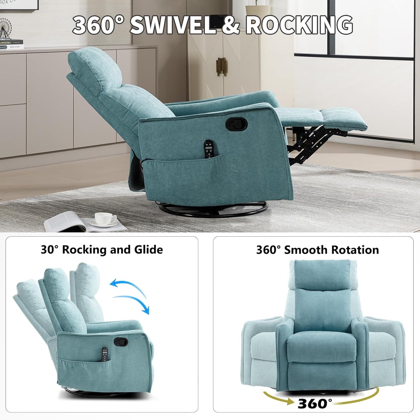 Trustyue Swivel Rocker Recliner Chair, 360° Swivel Recliner with Heat and Massage, Rocker Recliner Nursery Glider Chair with Side Pockets for Living Room (Beige, Fabric)